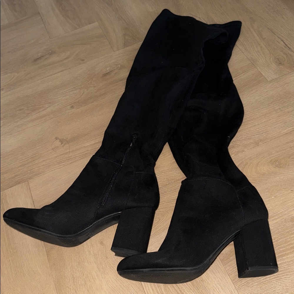A New Day Black Thigh High Boots Size 12 Wide Calf Over the Knee Block Heel